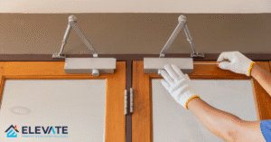 Certified self-closing fire door installed in commercial building